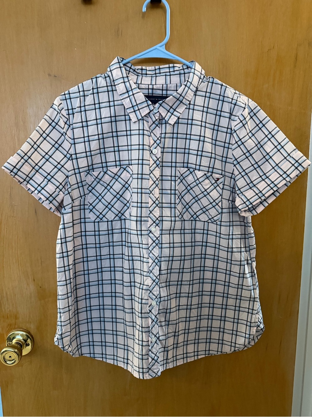 Tommy Hilfiger Pink and Blue Plaid Short-Sleeve Button-Down Shirt